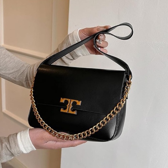 New Designer Inspired Vegan Faux Leather Shoulder Bag Golden Chain Strap NWT - Picture 5 of 15